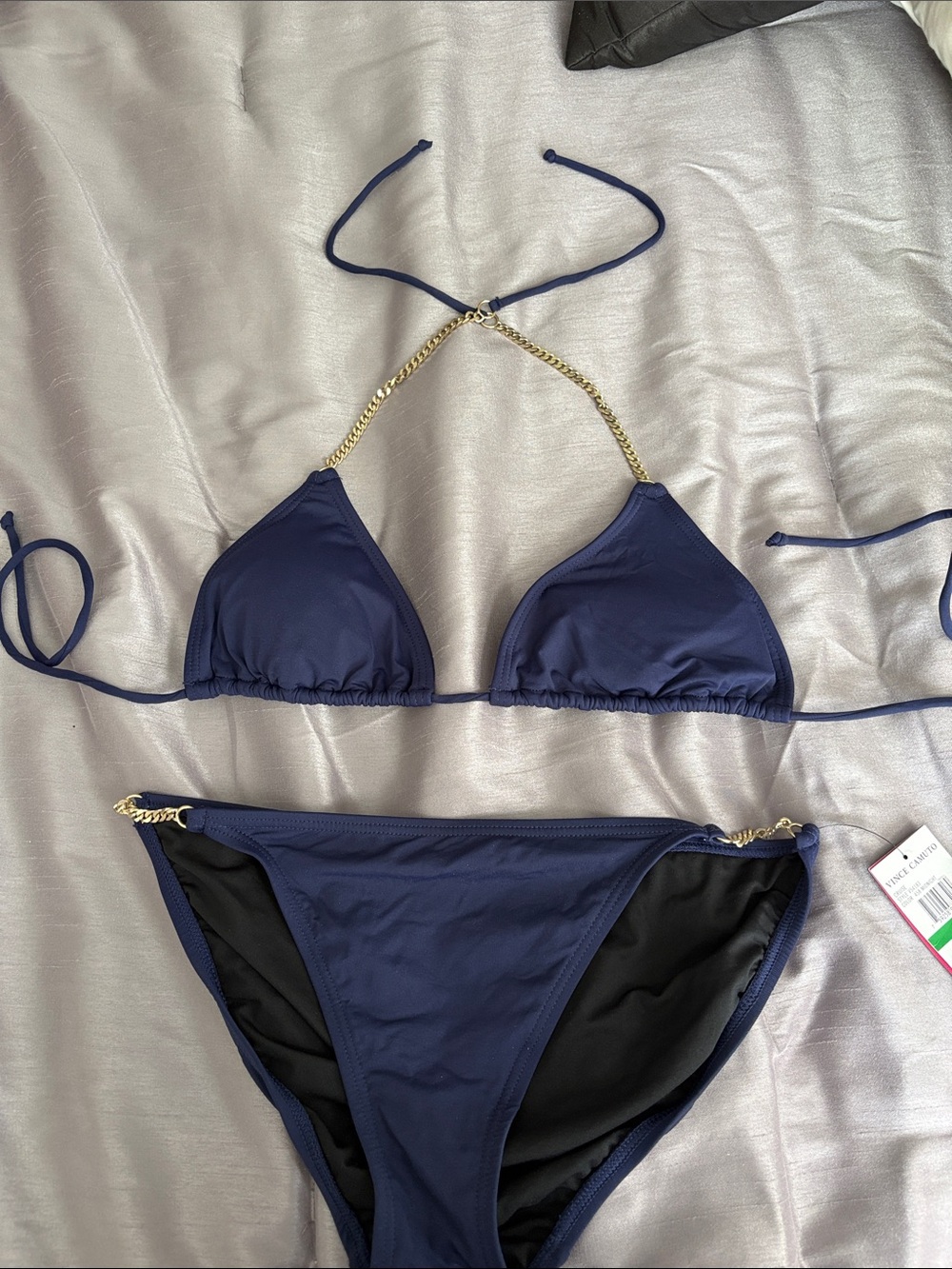 Vince Camuto Navy Bikini with Gold Chain Trim - Women Swim